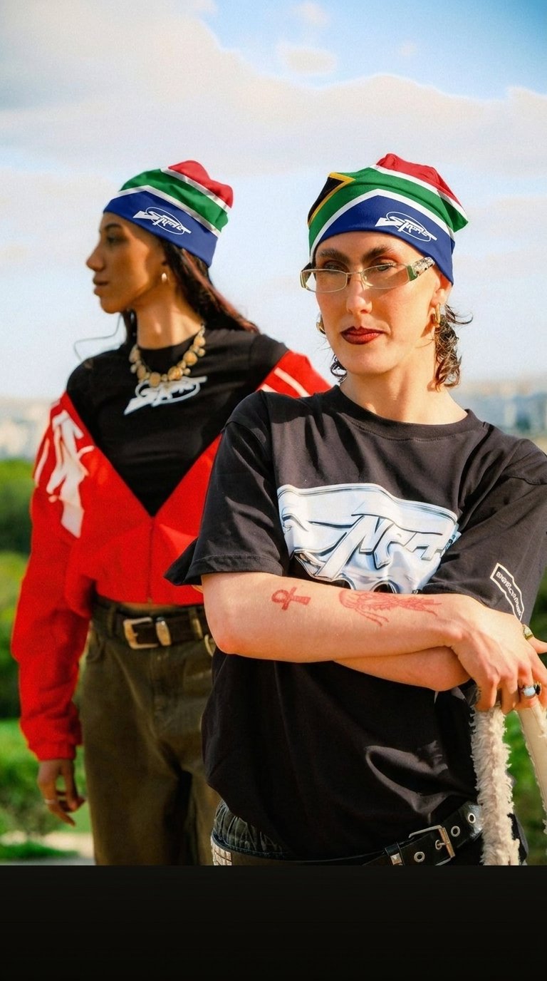 Two friends wearing the South Africa skull cap