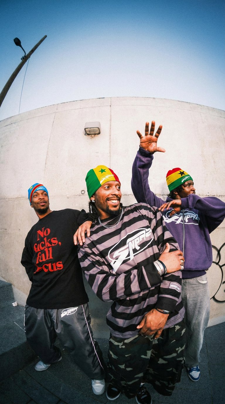 Three friends wearing the DR Congo, Senegal and Ghana skull caps